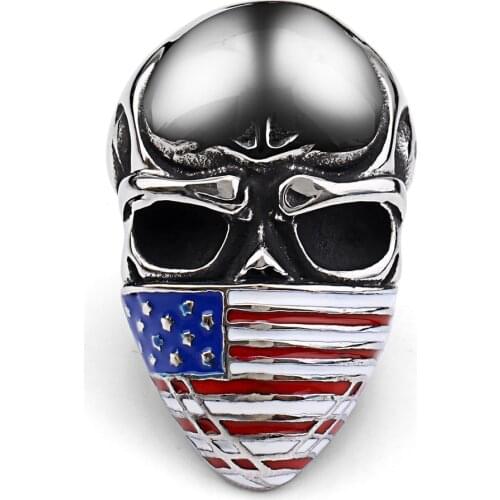 FDLK Retro Flag Stars and Stripes Mask Masked Skull Mens Epoxy Locomotive Punk Ring Classic Flag Ring Size 7-14