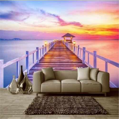 Customized wallpaper beautiful romantic seascape wooden bridge pier wall decoration - high-grade waterproof material