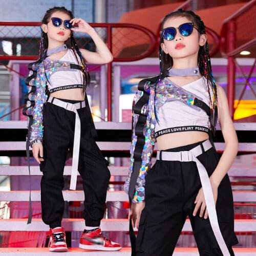 Cool! Hip Hop Dance Costume Kids Girls Street Dance Performance Wear Sequin Single Sleeve Jazz Dance Clothes Stage Outfit BL4742