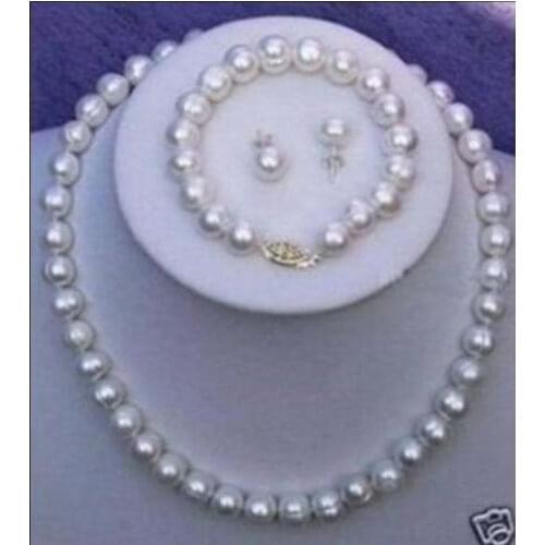 8-9mm White freshwater Cultured Pearl Necklace Bracelet Earring Set LL001