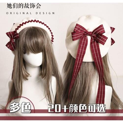 Japanese Sweet Mori Girl Kawaii French JK Uniform Painter Ca Winter Warm Lovely Lolita Plaid Bowknot Long Ribbon Beret Flat Hat