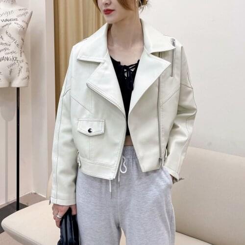 Women Biker Moto Coat New 2021 Spring Autumn Loose Zipper Faux Leather Jacket Female Big Pocket Beige Oversize Leather Coats