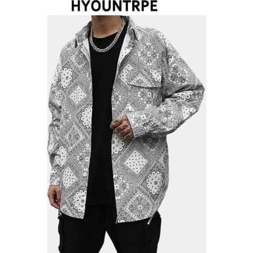 High Street Harajuku Mens Autumn Printing Shirt Casual Long Sleeve Turn Down Collar Loose Hip Hop Tops New Streetwear Shirts