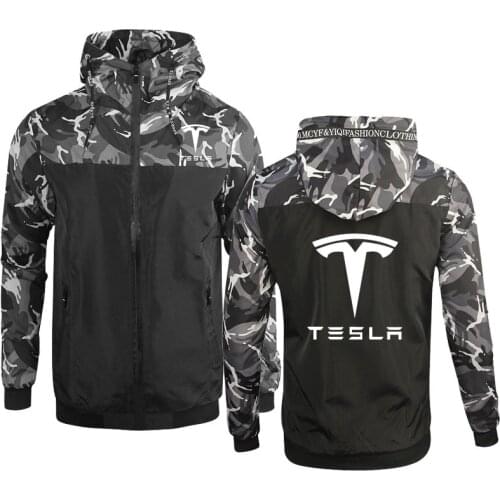 Mens Hoodie Tesla Car Logo Print Casual Hip Hop Harajuku high quality cotton Camouflage Mens zipper Jacket Hoody Clothing