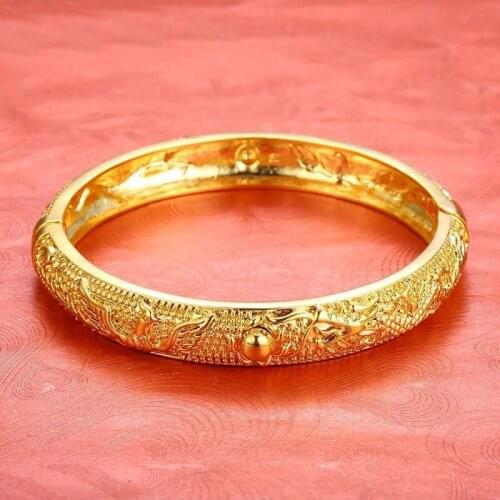 MxGxFam Bridal Jewelry Dragon and Phoenix Bangles Bracelets for Women Wedding 19cm 24 k Pure Gold Color Classic Style