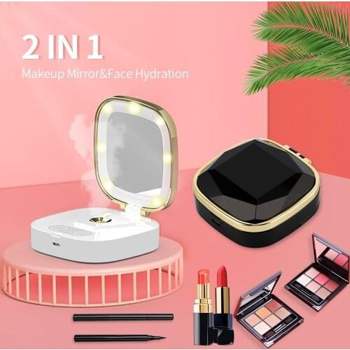 2In 1 Nano Spray Instrument USB Rechargeable Facial Moisturizing Humidifier With Adjustable LED Makeup Mirror Facial Steamer