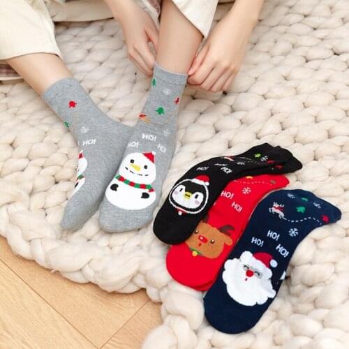 Autumn/Winter Christmas Socks Female Feather Yarn Santa Claus Cartoon Moose Snowman Penguin Straight Board Long Socks Red Socks