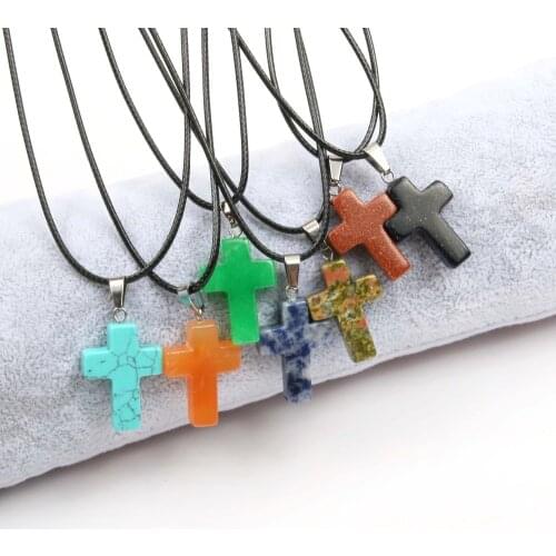 Wholesale Natural Stone Pendant Necklace Simple Cross Shape Crystal Agat Tiger Eyes Stone Necklace Good Quality Necklace Jewelry