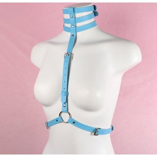 Harajuku Gothic Blue PU Leather Suspenders Neck To Waist Belt Necklace Harness Women Summer Festival Clothes Jewelry Punk Pastel