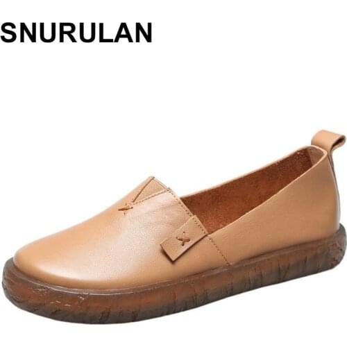 SNURULAN 2020 New Autumn Genuine Leather Women Casual Shoes Slip-on Ballerinas Round Toe Retro Shallow Comfortable Ladies Shoes