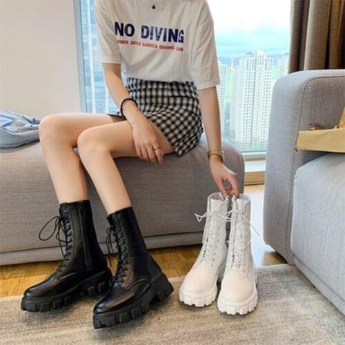 Womens Boots Ankle Winter Flat With Botas De Mujer Round Toe Platform Shoes Mid Calf Lady Lace-Up Zipper Motorcycle Boots