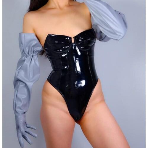 Womens fashion elastic wide sleeve pu leather glove ladys club performance formal party leather gray long glove 70cm R2505