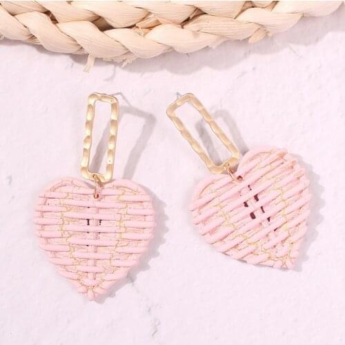 Jouval Summer Candy Color Rattan Wooden Heart Earrings Cute Gold Alloy Long Dangle Drop Brincos For Women Female Fashion Jewelry