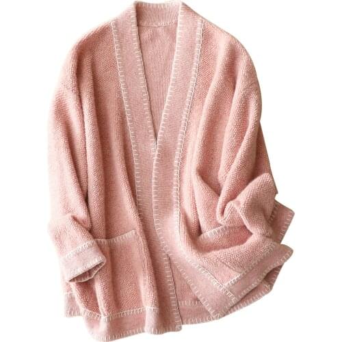 Pink Thick 100% Cashmere Cute Cardigan Oversized High Street V-Neck Open Stitch Warm Winter Sweaters for Women Cardigans White