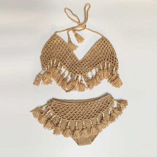 Women Handmade Crocheted Bikini Set Sexy Swimwear With The Bead Tassel Bathing suit