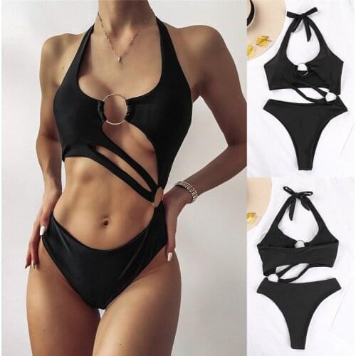 Womens Hollow One-Piece Swimsuit Sexy Big Steel Ring One-Piece Swimsuit