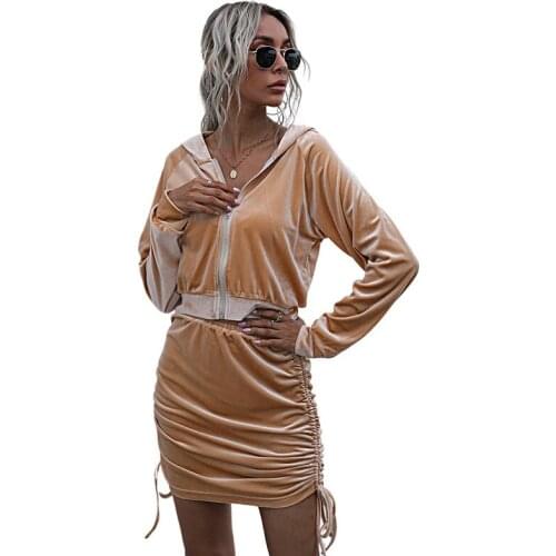 Tracksuit Women Two Piece Set Velour Spring Autumn Clothes Flannel Long Sleeve Zipper Crop Top And Skirt Suit