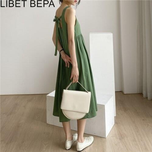 2021 New Spring Summer Women Dress Lace Up Bow Backless Sleeveless Casual High Waist Korean Style Elegant Long Dresses DR1032