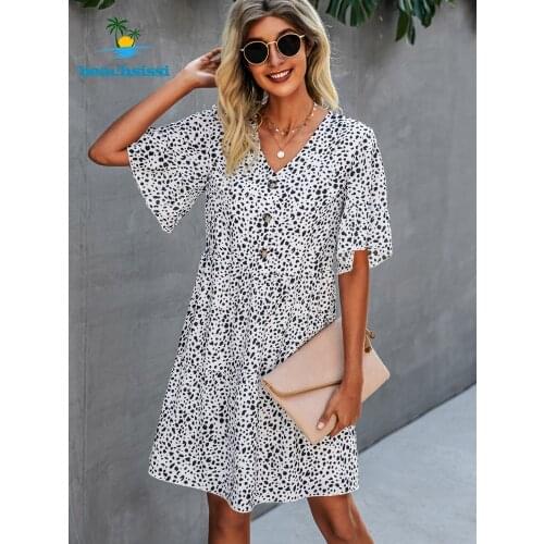 Beachsissi 2021 New Summer Dots Print V Neck Dress For Woman Short Sleeve Elastic High Waist Fashion Soft Casual Sundress