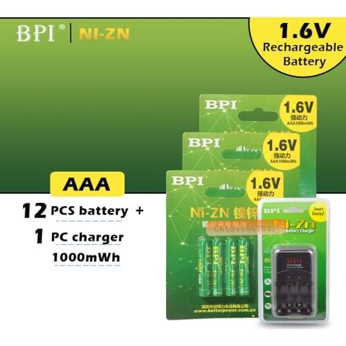 12pcs NiZn Ni-Zn 1.6V AAA 1000mWh Rechargeable Battery + 1PCS BPI NiZn smart Charger