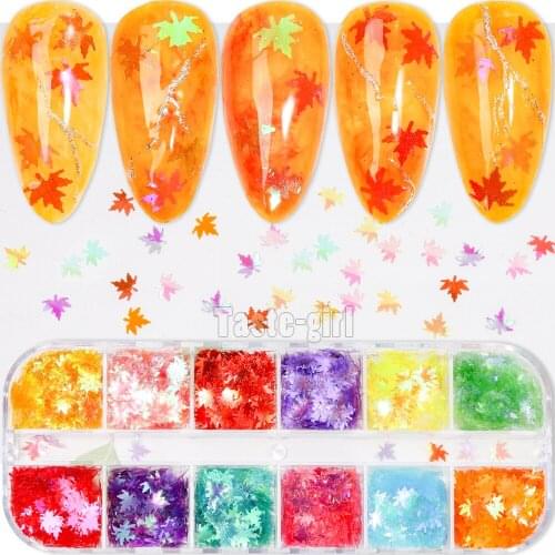 12 Grids/Set Holo Multicolor Sequins Chameleon Nail Art Glitter Fall Leaves Design Laser Maple Leaf Nail Decorations Manicure