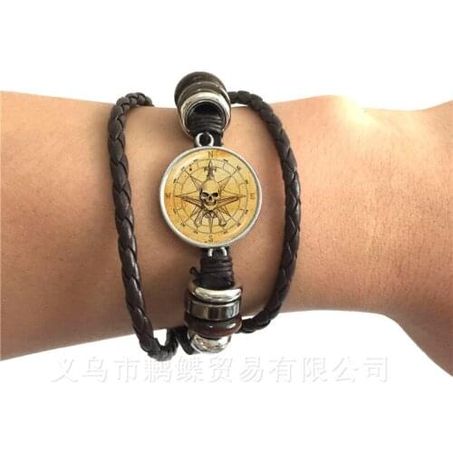 Compass Bracelet Vintage Nautical Jewelry Cabochon Black/Brown Leather Bangle For Men Women Hand Hain Accessories Bangle
