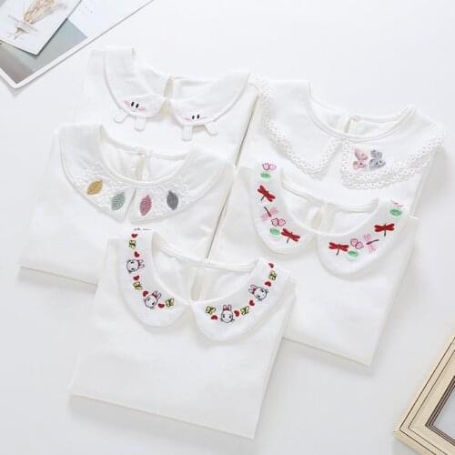Baby girls t shirt white colour embroidered peter pan collar cute kids cotton tops tees