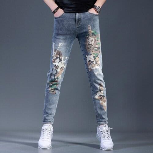 2021 Fashion Printed Blue Jeans Men Korean Style Casual Slim Fit Pencil Pants Streetwear Stretch Denim Trousers