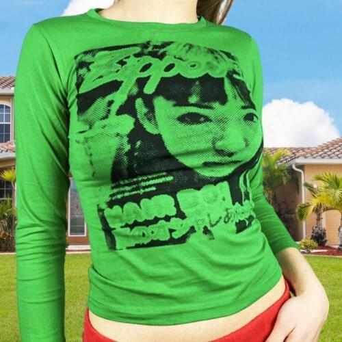 E-Girls Tie-dye Gothic Long-sleeve Casual Short Tops Face Portrait Printed Women Sexy Short Shirt Y2k Retro Vests