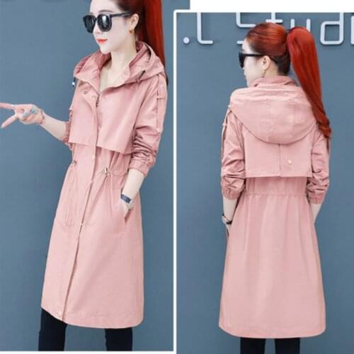 Khaki Long Trench Coat Spring 2020 Lace Up Waist Hooded Thin Overcoat Women Solid Elegant Coats Female Windbreakers Plus Size