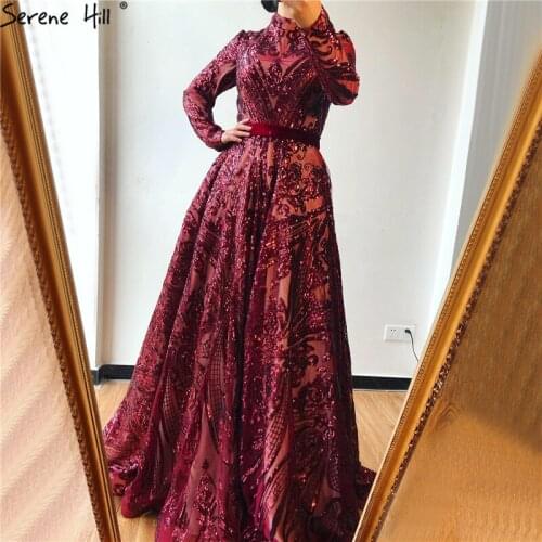 Muslim Full Cover Wine Red Sparkle Prom Dresses 2020 Long Sleeve Sequined Luxury A-Line Prom Gowns Real Photo BLA70530