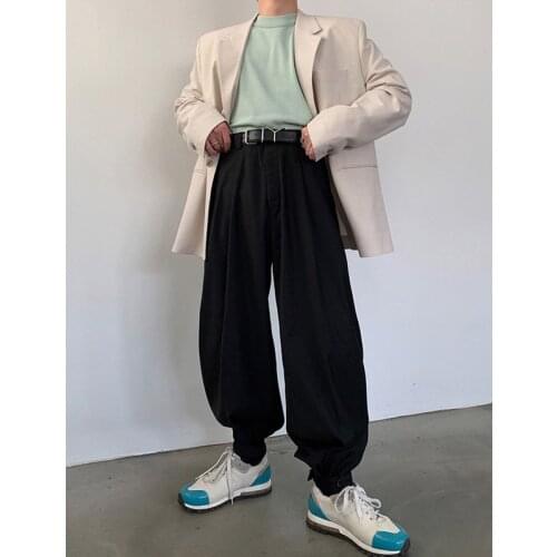 2021 New Men Korea Style Streetwear Casual Bundle Hem Pants Male Loose Vintage Fashion Suit Pants Long Harem Trousers