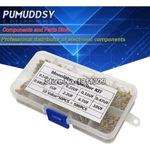 500PCS/lot Multilayer Ceramic Capacitor Assortment Kit 10Values*50PCS 0.1uF-10uF(104~106) 50V Ceramic Capacitors Set pack