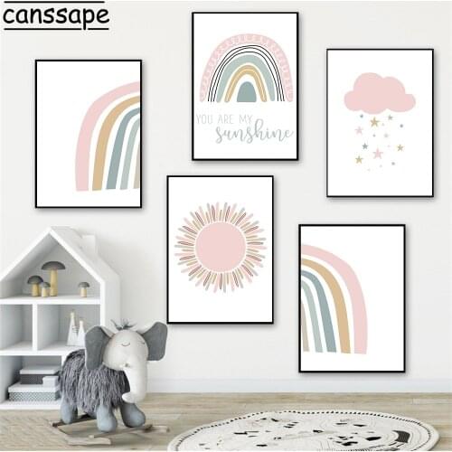 Nursery Wall Art Print Rainbow Painting Sun Posters Cloud Prints Stars Paintings Nordic Wall Pictures Baby Kids Room Decor