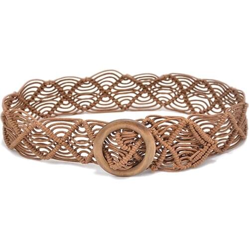 New Women Belt Retro Round Wooden Buckle Handmade Braided Women Waistband Waist Strap Belt