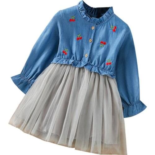 Girls Dress Summer Children Cherry Embroidered Long-Sleeved Denim Dress Casual Clothing Baby Girl Kids Fashion Outfit