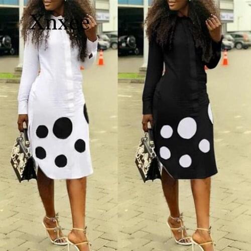 White Black Elegant Boho Dot Shirt Dress Long Women Dot Split Long Sleeve Sexy Dresses Knee-Length Ladies Casual Dress