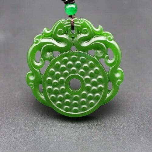 Natural Green Jade Dragon Pendant Necklace Chinese Double-sided Hollow Carved Charm Jewelry Fashion Amulet for Men Women Gifts