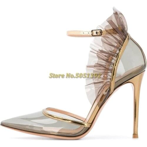 Ruffle Clear PVC Stiletto High Heel Pumps Thin High Heel Sexy Pointed Toe Ankle Strap Cover Heel Women Dress Shoes