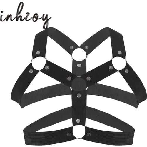 Men Hot Sexy Body Chest Elastic Harness Belts Metal O-rings Studs Muscle Straps Tops Male Gay Clubwear BDSM Bondage Costume