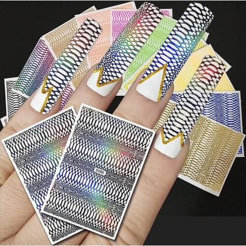 12pcs/lot Nail Sticker Laser Glitter Sally Mesh Net Line Holographic 3D Silk Foil Decals Self-Adhesive Nail Art Decorations VC-4