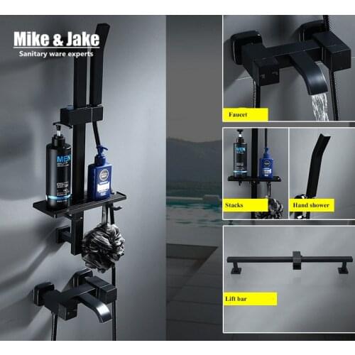 Bathroom black bath tap shower mixer set with bar bath wall bathtub mixer set with hand shower pure black shower faucet wall tap