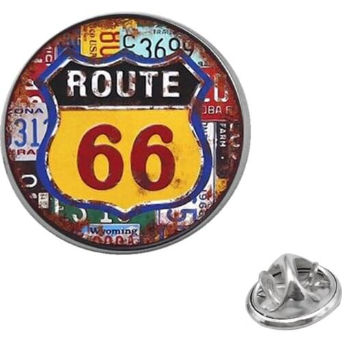 Suteyi Classic Route 66 Sign Pins Fashion Handmade Glass Dome Car Pattern Brooches Women Men Souvenir Jewelry