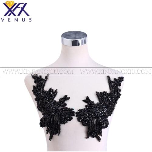 XFX VENUS 1 Pair Rhinestones applique Black Embroidery bodice patches trimming motif for women Dress Clothes Fabric DIY