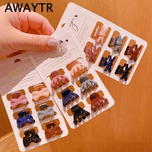 AWAYTR 6pc Korean Acrylic Women Hair Claws Small Crab Clamps Solid Color Bowknot Lady Hair Clips Cute Hair Accessories Barrettes