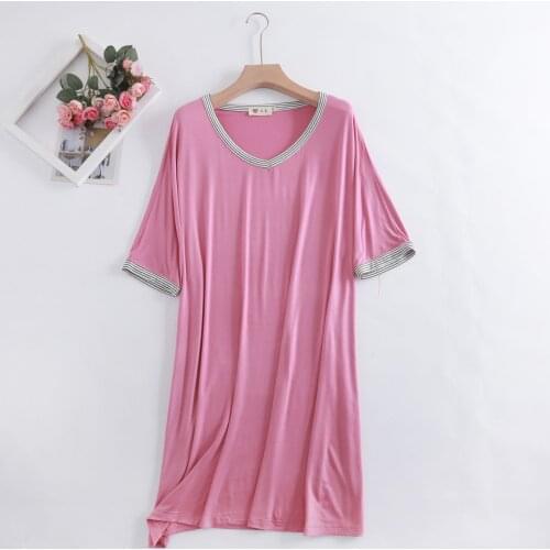 Sexy Stripe V-Neck Women Nightgown Loungewear Loose Short Sleeve Modal Nightdress Knee-Length Sleepshirt Skirt Summer Home Dress