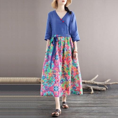 Johnature Women Vintage Bandage Dresses V-Neck Half Sleeve Ramie Robes High Quality Chinese Style Clothes 2021 Summer Dresses