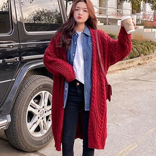 Womens Long Cardigan Autumn Winter Solid Long Sleeve Loose Ladies Casual Sweaters V Neck Red Color Knitted Wear for Female