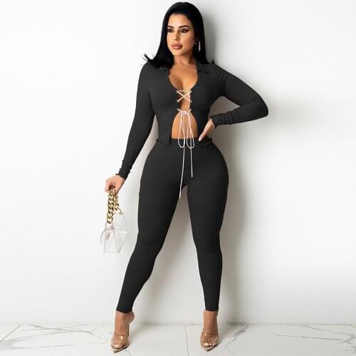 Womens Tracksuit Stretchy Knitted Suit Lace Up Drawstring Full Sleeve Crop Top+slim Fit Legging Pant Simple Female Clothing