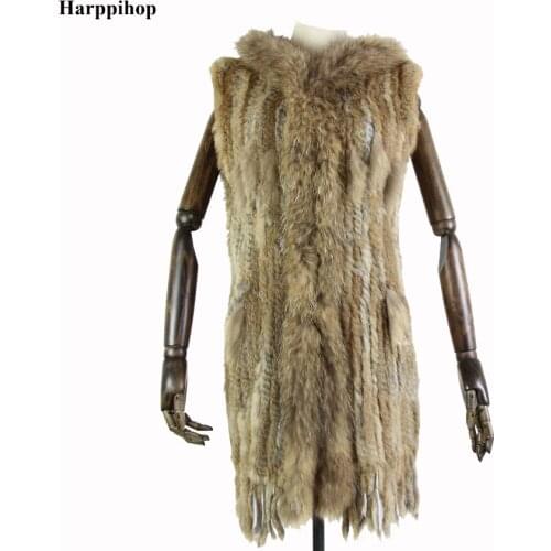 Harppihop* Women New Genuine Rabbit Fur Vest With Hood Fashion Raccoon Fur Collar Waistcoats Warm Natural Fur Long Gilet